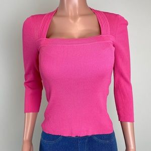 Pointelle Women's Pink Square Neck Rib Knit Top